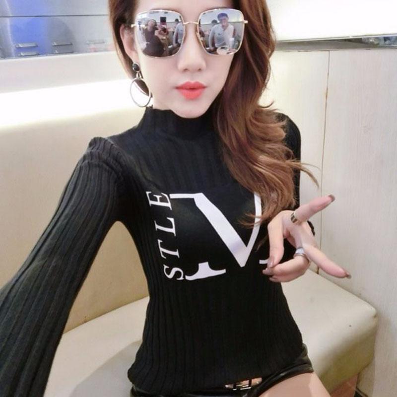 Autumn and Winter Half Turtleneck Sweater Pullover Long-sleeved Knitted Bottoming Shirt All-match Tight-fitting Women's Top