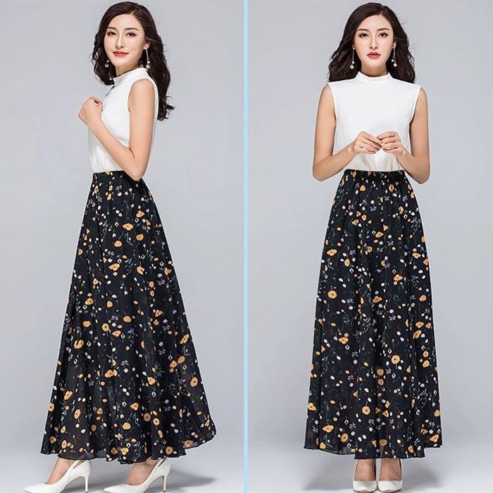 Women Vintage Elegant Floral Skirts Exquisite Printing High Waist A-line Chiffon Skirt Mid-length Chiffon Skirt