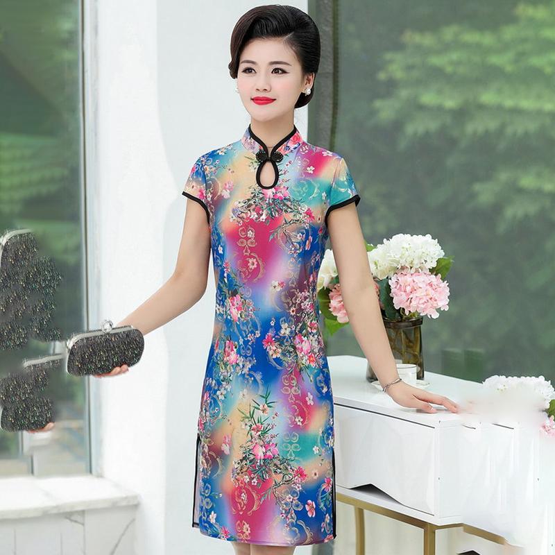 Summer Improved Cheongsam Female Mother Dress Retro Short-sleeved Dress Mid-length Middle-aged and Elderly Printed Cheongsam Dress