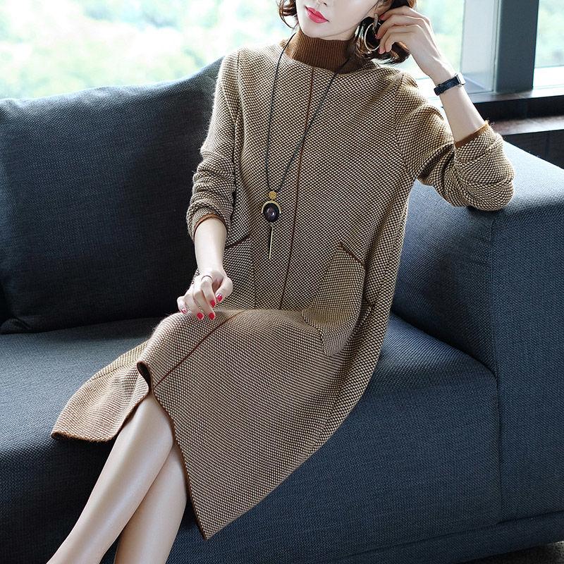 High-quality Women's Houndstooth Sweater Dress Loose Large Size Knitted Dress Long Pullover Sweater with Pockets