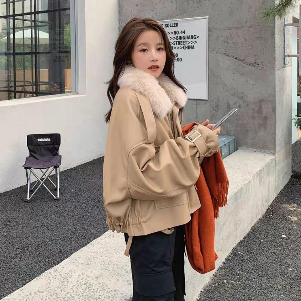 Large Fur Collar Suede Women's Short Winter Korean Style Loose Warm and Velvet Windproof Jacket