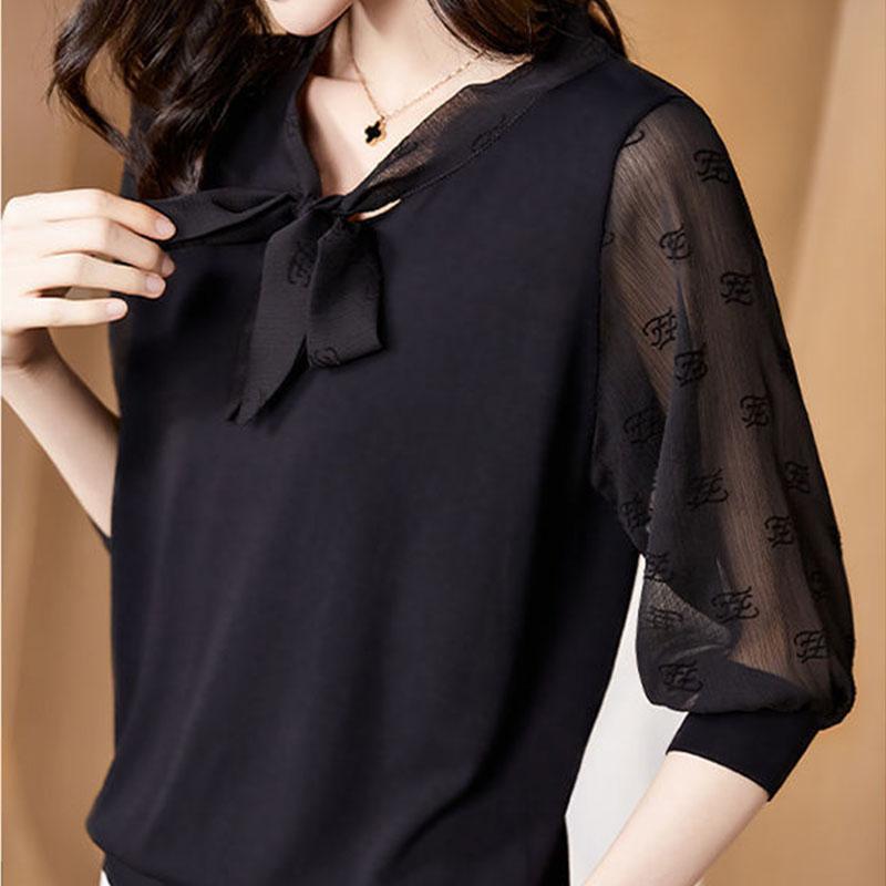 New Chiffon Blouse Office Lady Fashion Tops Sweet Bow Women  Casual Long Sleeve Summer  Pullover