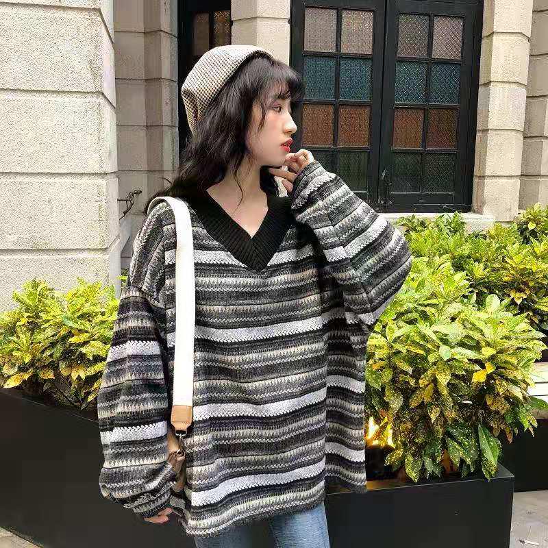 Pofulove Korean Striped Lantern Sleeve Sweater Women Loose Thin Long Sleeve Mid-length Student