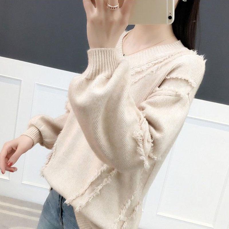 Spring and Autumn V-neck Sweater Pullover Solid Color Long-sleeved Casual Jacket Loose Young Women's Bottoming Shirt