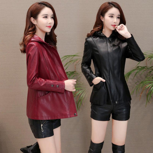 Women's Sheepskin Leather Jacket Autumn Winter Plus Size Genuine Leather Jacket Slim Hooded Motorcycle Jacket Sheepskin Coats