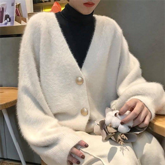 6 Colors Women Faux Mink Cashmere Chic Loose Sweater Knitted V-neck Cardigan Jacket Outwear