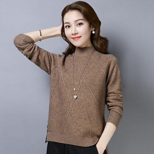 Pofulove Elegant Semi-high Collar Solid Color Women's Sweater Winter Wild Knitted Bottoming Sweater