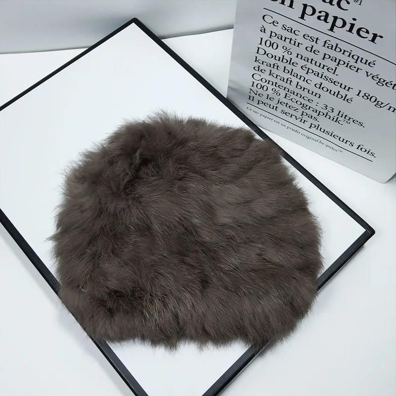 Women's Hats Thick and Warm Real Rabbit Plush Fur One-piece Knitted Hat Winter Cold All-match Knitted Baotou Woolen Hat