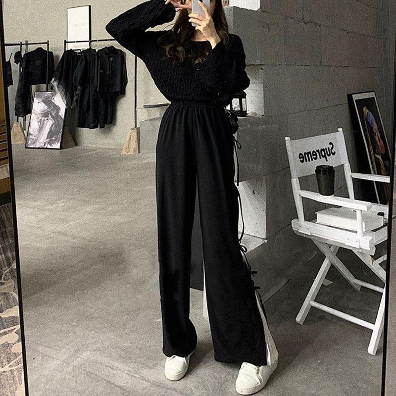 Fat Girl Casual Straight Pants Spring and Autumn Loose and Thin Large Size 200 Kg Casual Straight-leg Pants Pleated Lace-up Wide-leg Pants Women