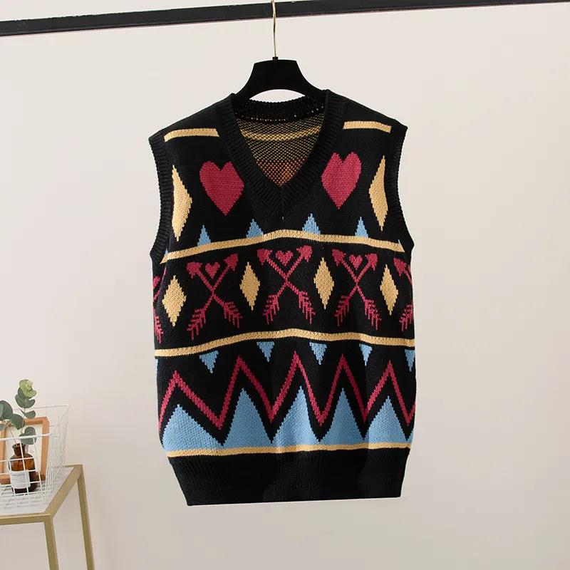 Retro Diamond Loose Knit Vest Women Spring and Autumn Stacking Sleeveless V-neck Vest Sweater