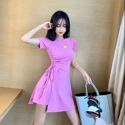 Women Summer Vintage Short Sleeve Round Collar Casual Dress Slim Drawstring Irregular Solid Color Short Streetwear Dress