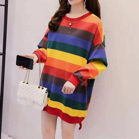 Women's Autumn Plush Mid-length Loose Tops Female Large Size Long Sleeve Rainbow Striped T-shirts