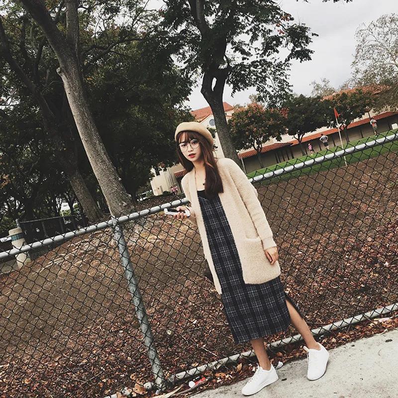 Suit Women Retro Plaid Suspender Skirt Sweater Long Over-the-knee Woolen Strap Dress Simple Retro Warm Sweater Dress