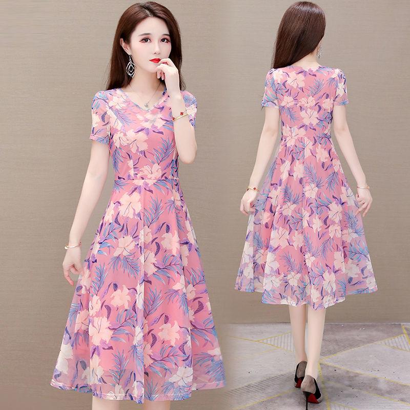 Women Summer Dress Vintage High Waist Short Sleeve Holiday Dress Elegant Slim Floral Printed Pleated Casual Dress