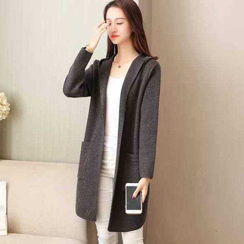 Autumn and Winter Hooded Knitted Jacket Temperament Loose Thick Coat Mid-length All-match Cardigan Female Jacket