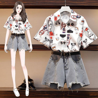 Women Summer Short Set Printed Short Sleeve Shirt and High-waist  Denim Shorts Two-piece Set Plus Size Outfits