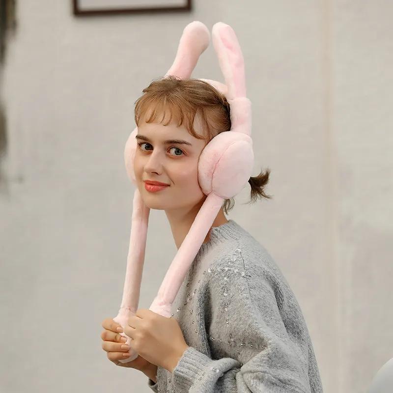 Stand Up Rabbit Ears Earmuffs for Women Cute Long Ears Rabbit Earflap Soft Fur Solid Foldable Ear Warmer Lovely Cartoon Warm Ear Cover Pad