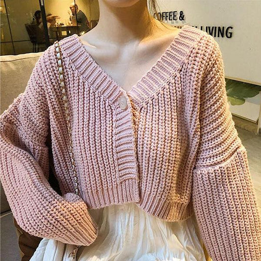 Autumn and Winter French Lazy Wind Loose Outer Wear V-neck Short Long Sleeve One Button Knitted Cardigan Sweet Sweater Women