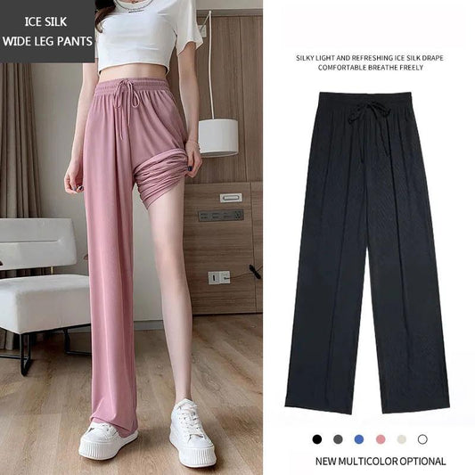 Women's Summer Ice Silk Wide Leg Pants Loose and Thin Drape Thin Pants Straight Casual Pants Mopping Trousers Jogging Pants