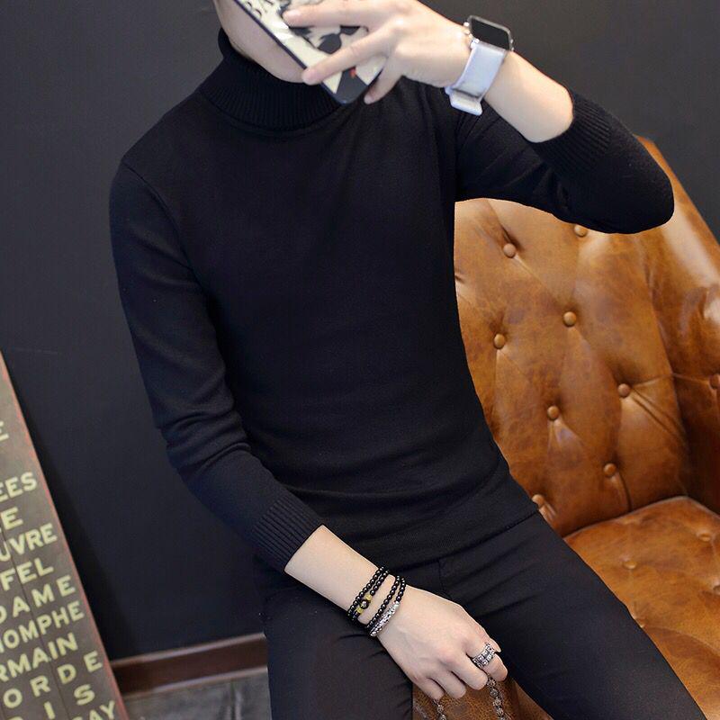 Warm Turtleneck Sweater Men Solid Knitted Mens Sweaters Casual Slim Pullover Male Double Collar Tops