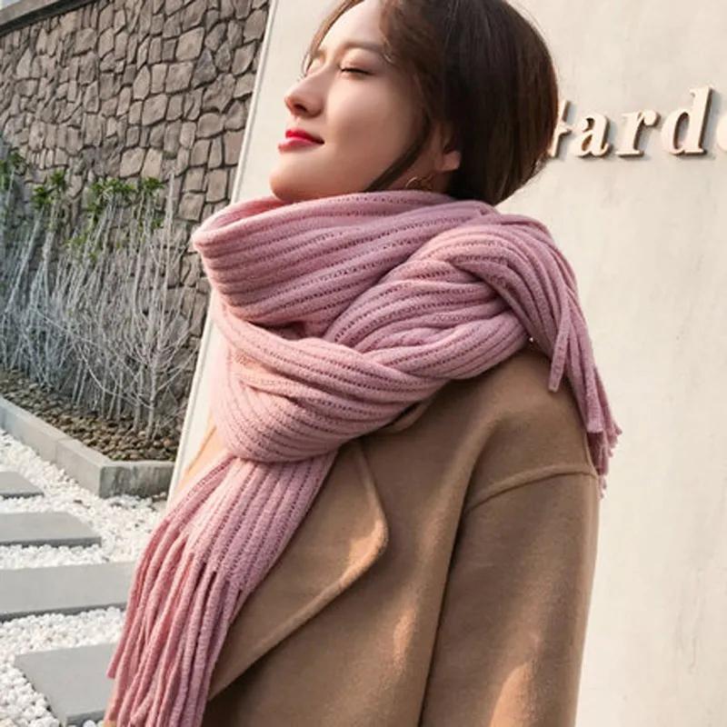 Scarf Women Autumn Winter Thicken Warm Kint Shawls Wraps Lady Fashion Elegant Solid Long Soft Scarves 2021 New Female Knitted Scarfs