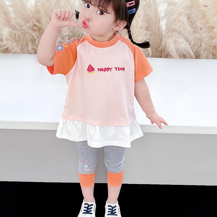 Children's Suit Summer Light Girls' Casual Wear Printed Rabbit Fruit Splicing T Shirt Elastic Leggings Two Piece Set