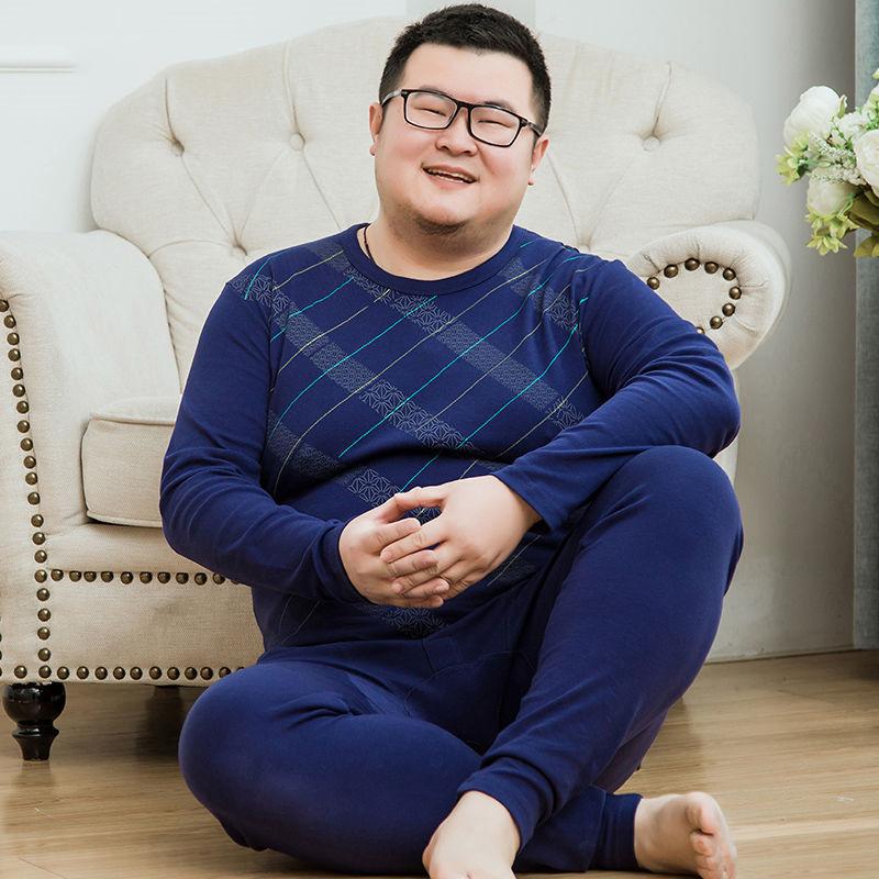 Men's Plus Fat and Increased Pure Cotton Autumn Clothes Long Trousers Suit Large Size Thin Thermal Underwear Fat Man Middle-aged Fat Guy Loose