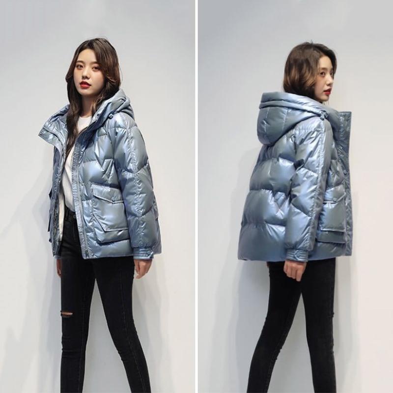 Women's Shiny Short Down Jacket Winter Korean Style Loose Quilted Jacket Casual Hooded Padded Jacket