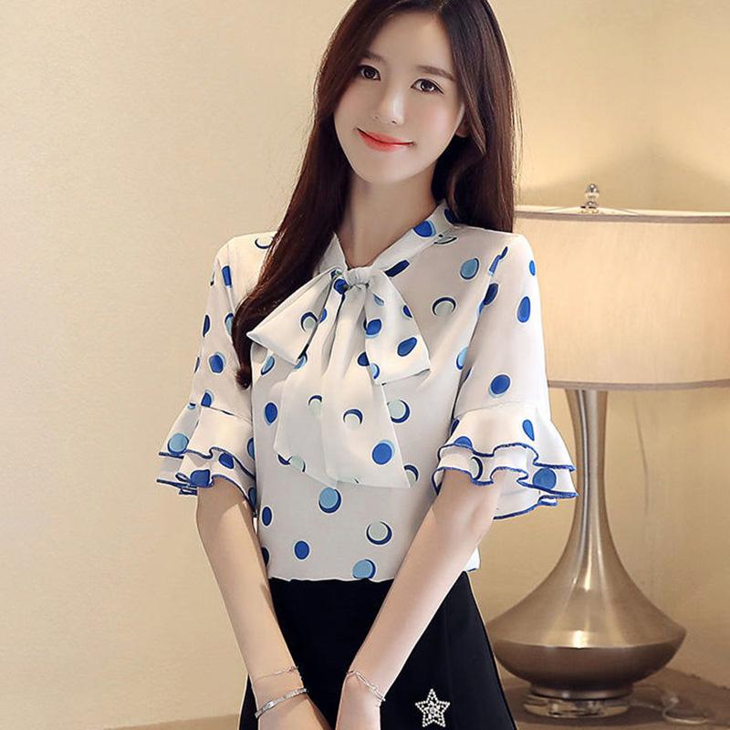 Sweet Shirt Summer Polka Dot Half-sleeved Top Women's Lotus Leaf Collar Polka Dot Shirt Short-sleeved Chiffon Shirt Tie Bow Shirt