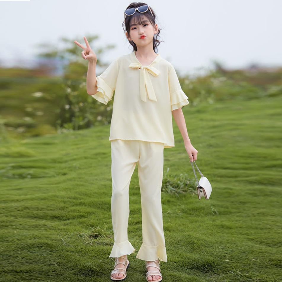 Girls' Set Summer Thin Korean Short Sleeve Pants Two Piece Set Bow Tie Ruffle Loose Suit Casual Wear