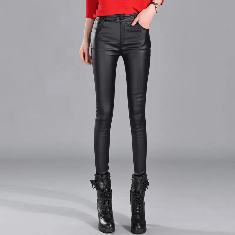 Autumn and Winter Matte Frosted PU Leather Pants Women's Outer Wear Plus Velvet Base Elastic Elastic Waist High Waist Coated Imitation Leather Pants