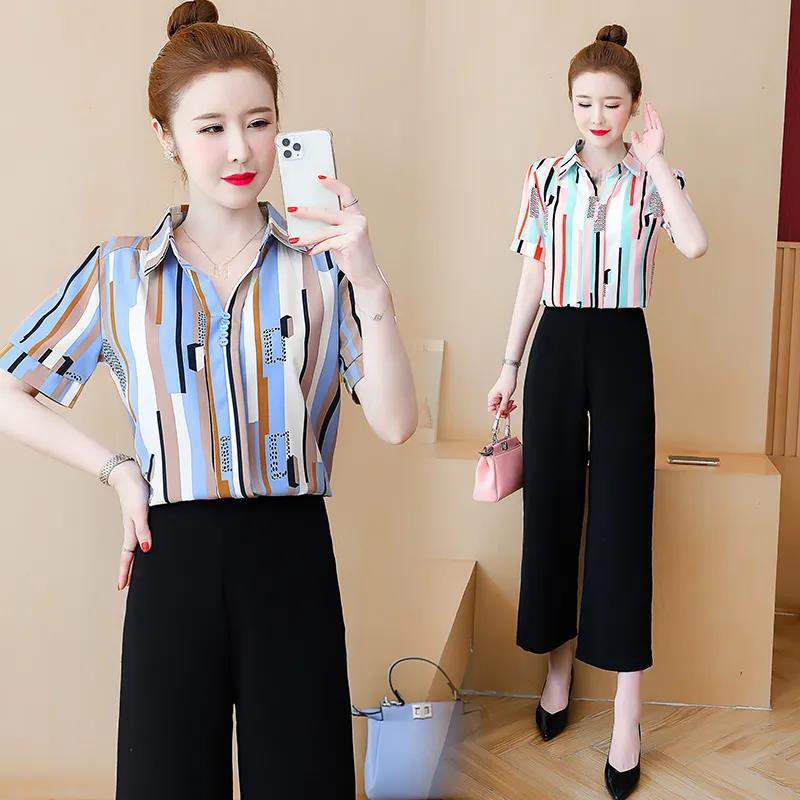 Striped Shirt Women Short-sleeved Stand-up Collar Striped Summer Women's Chiffon Shirt Loose and Thin Plaid Shirt Small Shirt Tops Workwear