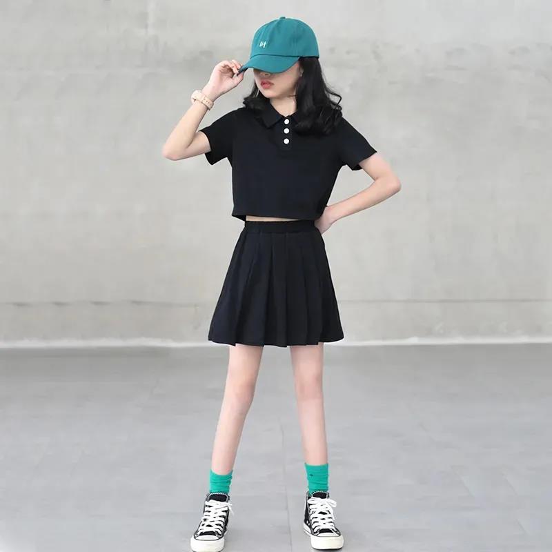 Girls' Suit Summer Thin T-shirt Short Skirt High Waist Two Piece Set Korean Style Loose Uniform Style Pleated Skirt