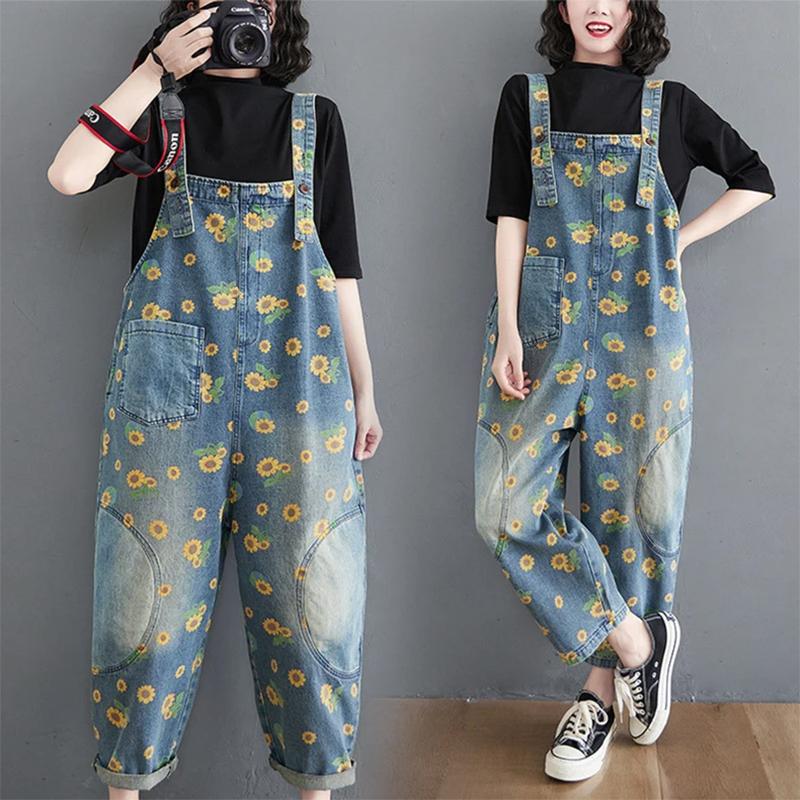 Women Denim Overalls, Sunflower Print Jumpsuits, Loose Wide Leg Pants, Oversized Baggy Ladies Pantst, Retro Trousers