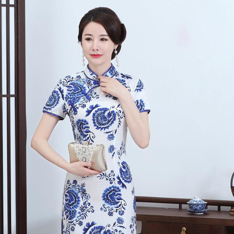 Cheongsam Female Summer Improved Cheongsam Mother Dress Large Size Silk Mid-length Short-sleeved Cheongsam Dress