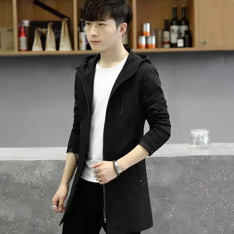 Spring Solid Color Hooded Jacket Long Slim Coat Youth Trend Windbreaker Casual Parka