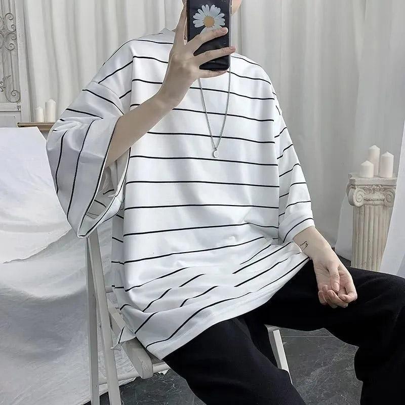 Striped Short-sleeved Men's Summer Five-point Sleeve T-shirt Boys Bat Shirt Loose Tide Brand Half-sleeved Men's Shirt