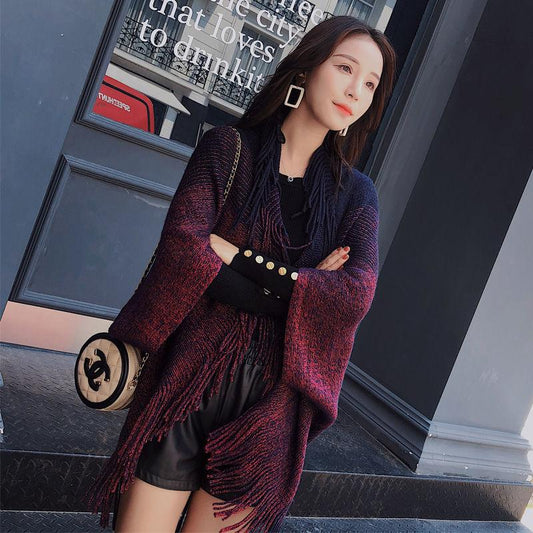 Women's Autumn Winter Tassel Gold Silk Shawl Warm Scarf Oversize Knitted Cardigan Dual-use Knitting Cloak Scarf Multifunctional Shawl Blanket