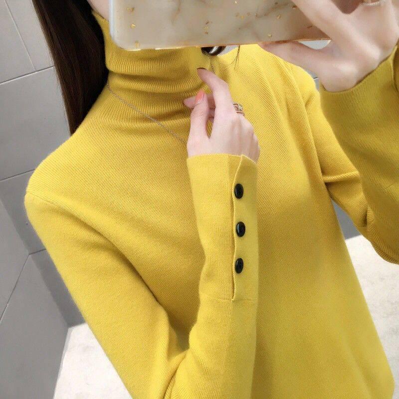 Pofulove  Turtleneck Knitted Long Sleeve Women's Spring Autumn Sweater Thin Bottoming Shirt Comfortable Softness