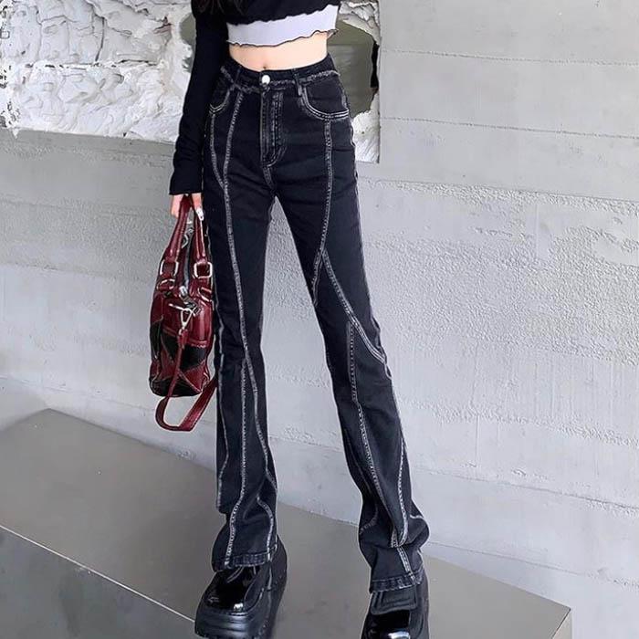 Grinding Split Line Micro Jeans Female Spring and Autumn Korean Version of The Retro High Waist Slimming High Speaker Long Pants