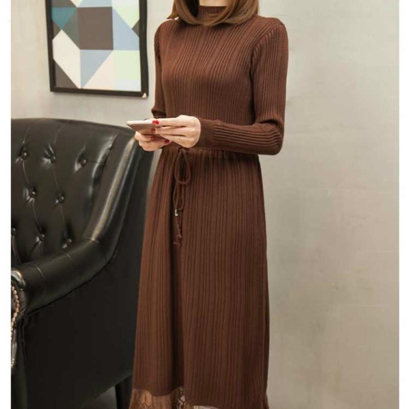 Pofulove 4 Colors Women Solid Color Sweater Dress Soft Long Turtleneck Lace Knitted Skirt Pullover