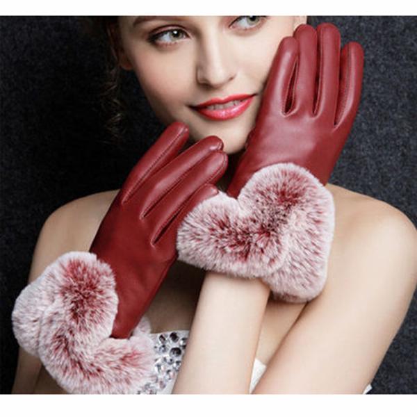 Leather gloves Thick gloves Woman fashion gloves Plush Cotton gloves Windproof gloves Winter Warm