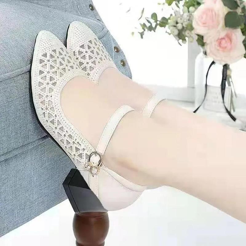 Sandals Women's High Heel Sandals Mesh Sandals Hollow Breathable Single Shoes Soft Sole Mother Shoes