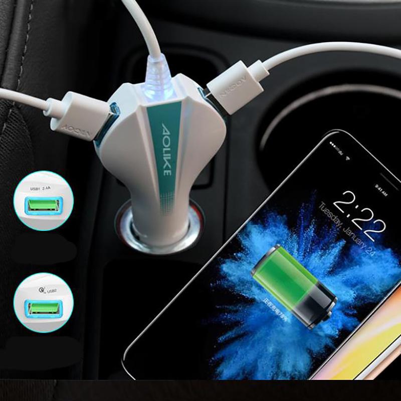 4.1A Fast Charge Car Charger 3-in-1 Flexible Data Cable Cigarette Lighter Head Power Converter