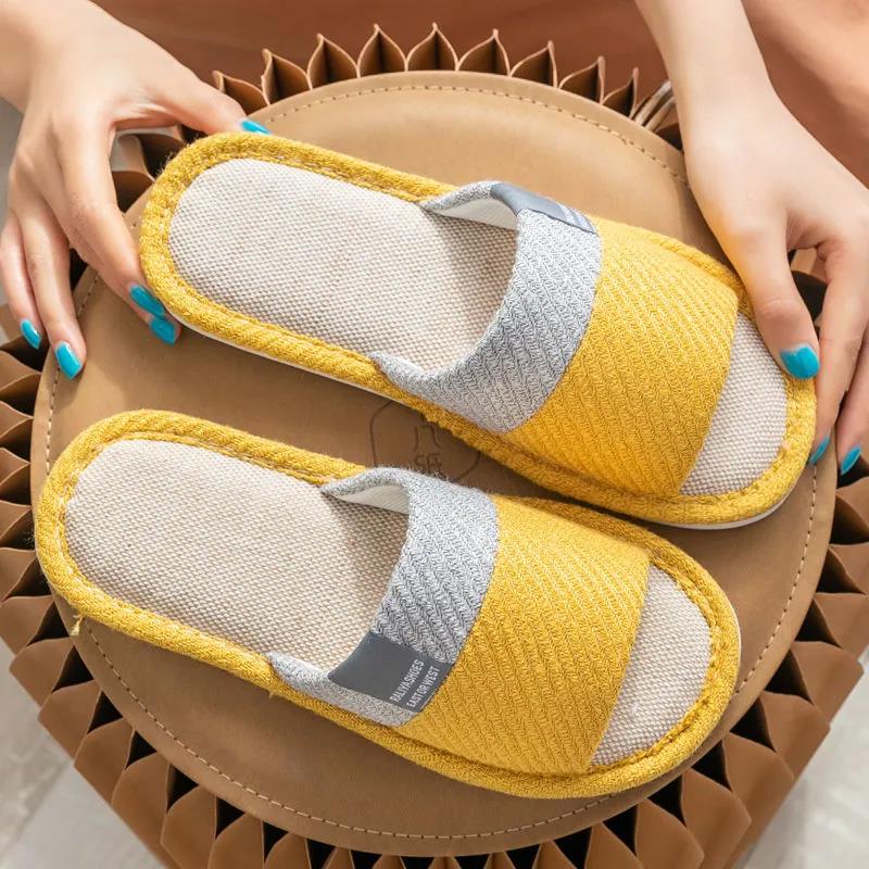 Men's Spring and Autumn Home Linen Slippers Home Indoor Couples Thick Bottom Non-slip Cotton Linen Breathable Four Seasons Slippers