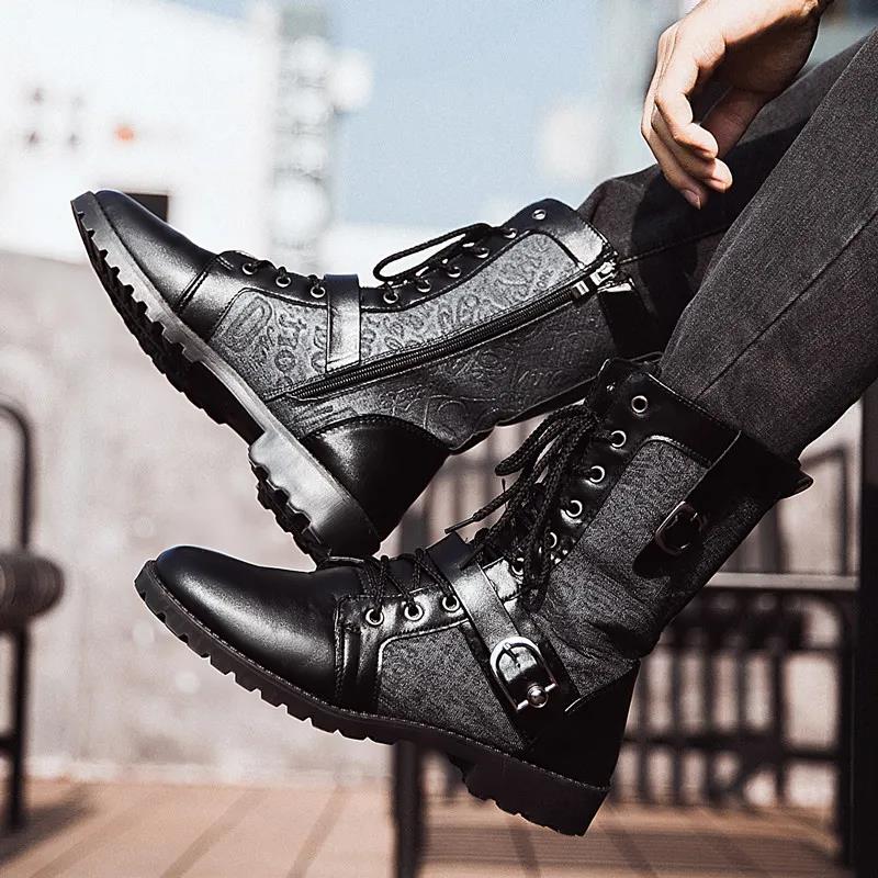 Men's Casual British Tooling Leather Boots Outdoor All-match High-top Cowboy Boots Black Handsome Motorcycle Boots