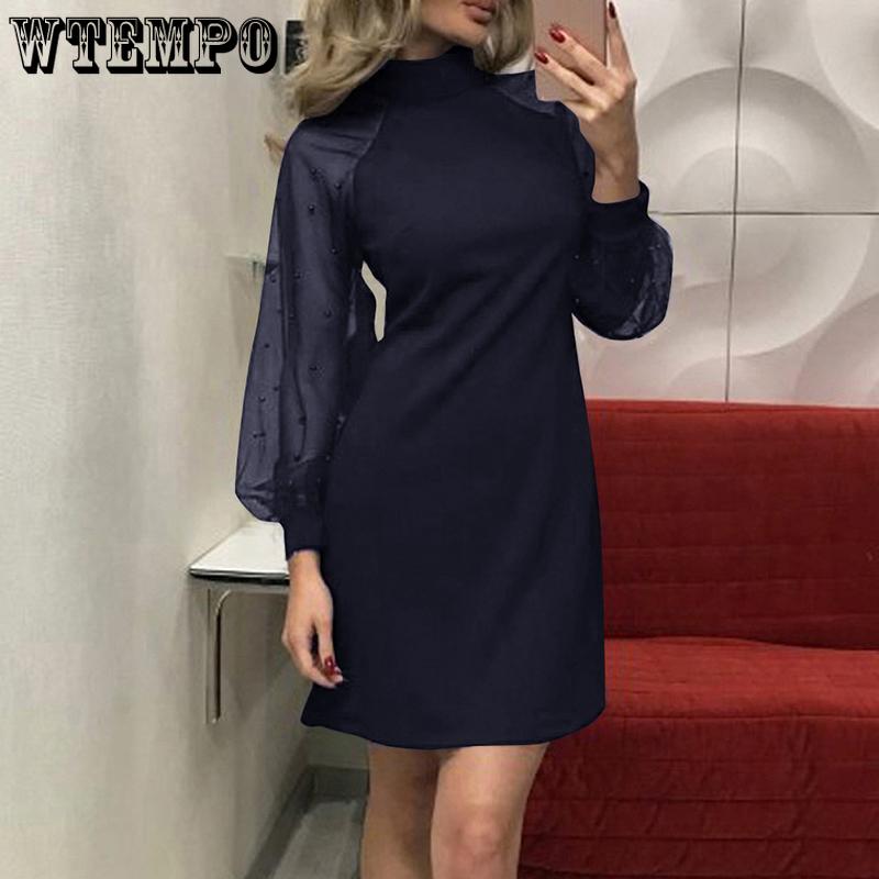 Elegant Womens Dress Pearl Beading Mesh Tunic Dress Long Sleeve A-Line Mini Party Dress