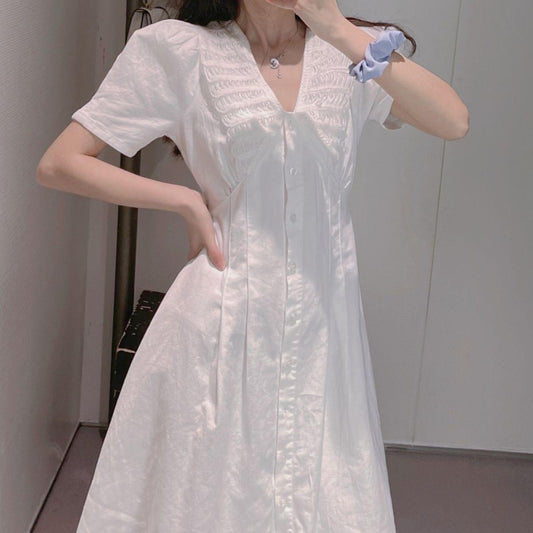 Female Vintage High Waist Super Fairy Holiday Dress Elegant Slim White Little Fresh Pleated Dress