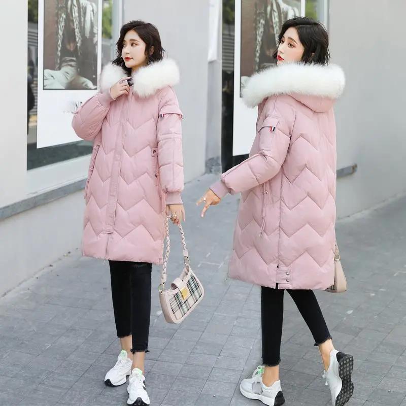 Down Jacket Winter Ladies Fashion Korean Big Fur Collar Thick Warm Hooded Mid-length Plus Size Cotton Jacket