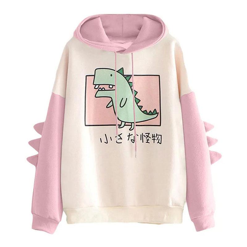 Dinosaur Oversized Cartoon Hoodie Women Sweatshirt Casual Print Korean Style Thicken Sweatshirt Winter Dino Hoodie Tops Cute Warm Sweater